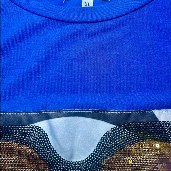 Pesion Women’s XL Royal Blue Graphic T-Shirt - Woman w/Gold Sequin Glasses - Picture 7 of 7